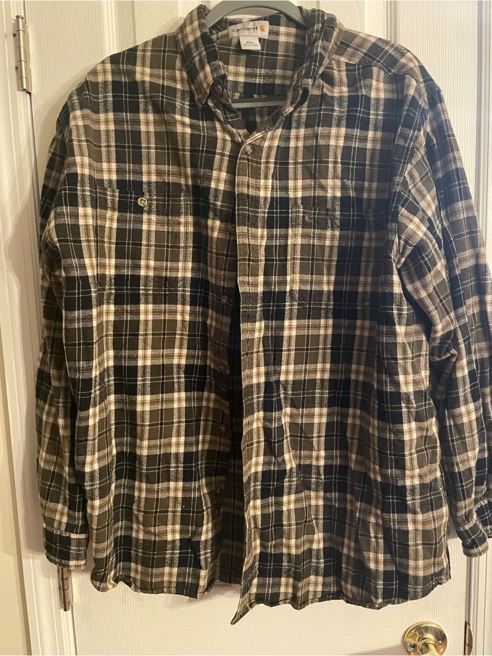 Carhartt Men's Black and Brown Plaid Button-Down Shirt